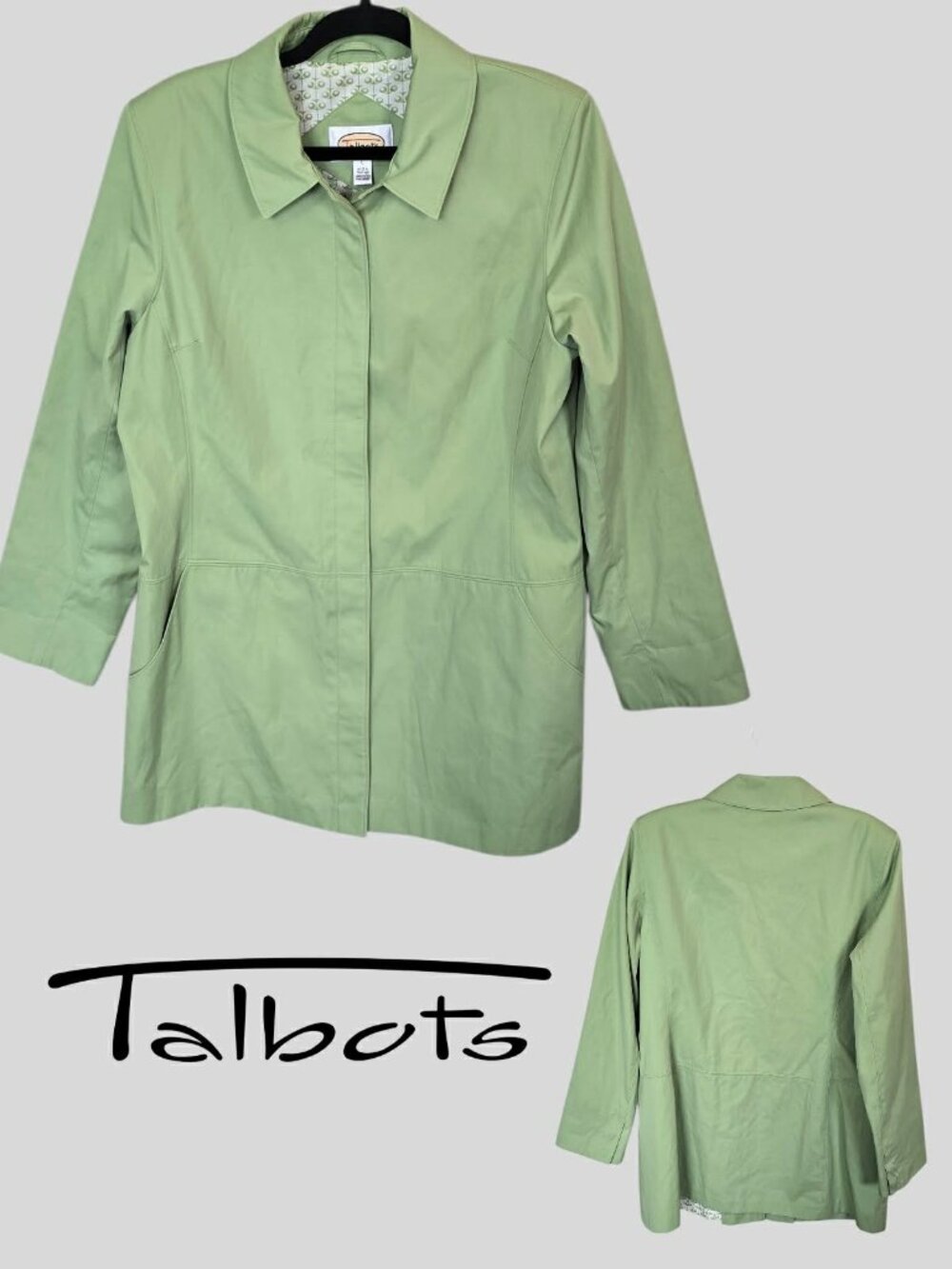Talbots Light Green Short Trench Coat Patterned Lining Jacket Womens Large